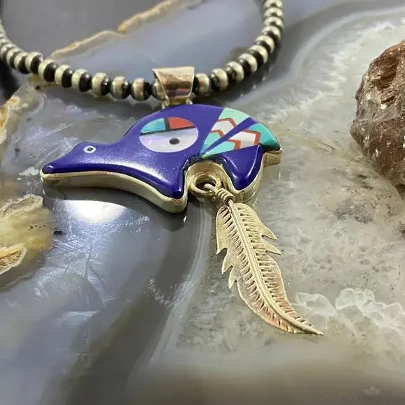 Native American Sterling Multistone Zuni Inlay Fetish Bear w/Feather Pendant - Picture 5 of 10
